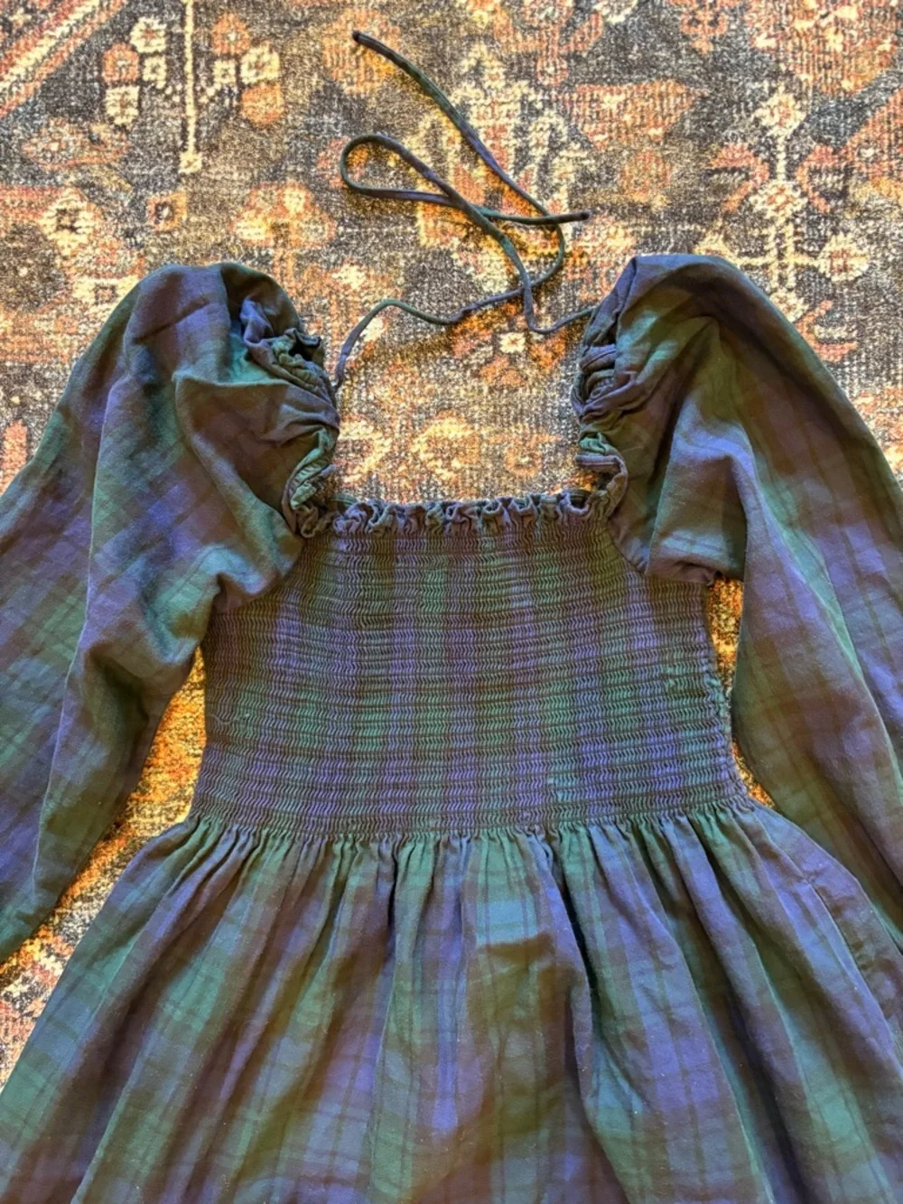 Hill House Nap Dress Blackwatch Plaid Smocked Tiered Maxi Dress - Navy & Green - Picture 4 of 6